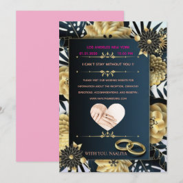 Elegant Black and Gold Floral Wedding Invitation Kaart