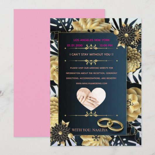 Elegant Black and Gold Floral Wedding Invitation Kaart (Voorkant / Achterkant)