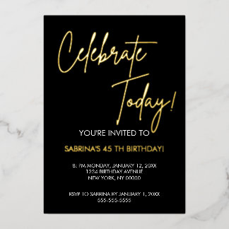 Elegant Black and Gold Foil Birthday Invitation Folie Uitnodiging