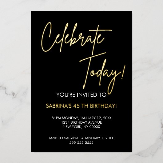 Elegant Black and Gold Foil Birthday Invitation Folie Uitnodiging (Voorkant)