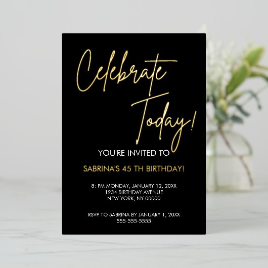  Elegant Black and Gold Foil Birthday Invitation Folie Uitnodiging (Staand Voorkant)