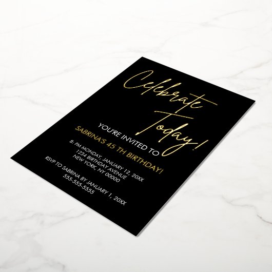  Elegant Black and Gold Foil Birthday Invitation Folie Uitnodiging (Gedraaid)