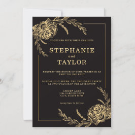 Elegant Black and Gold Foil Rozen Wedding Kaart