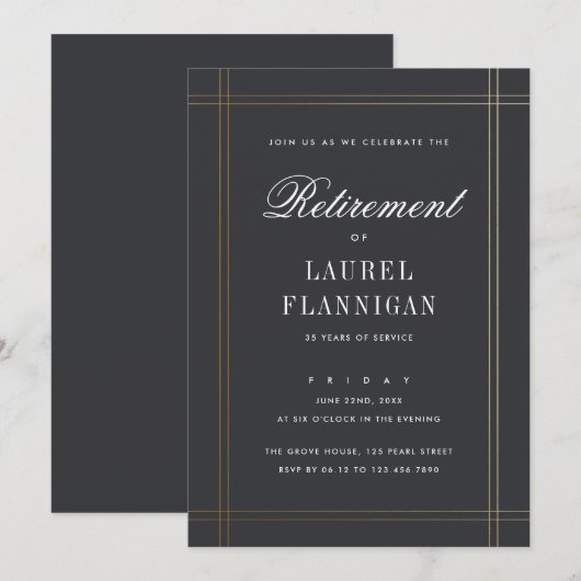 Elegant Black and Gold Formal Retirement Party Kaart (Voorkant / Achterkant)