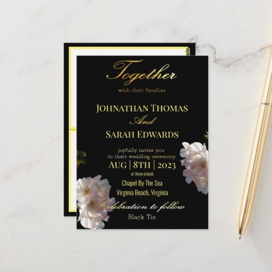 Elegant Black and Gold Formal Wedding Briefkaart (Voorkant / Achterkant in situ)