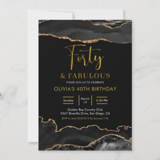 Elegant Black and Gold Forty and Fabulous Kaart (Voorkant)