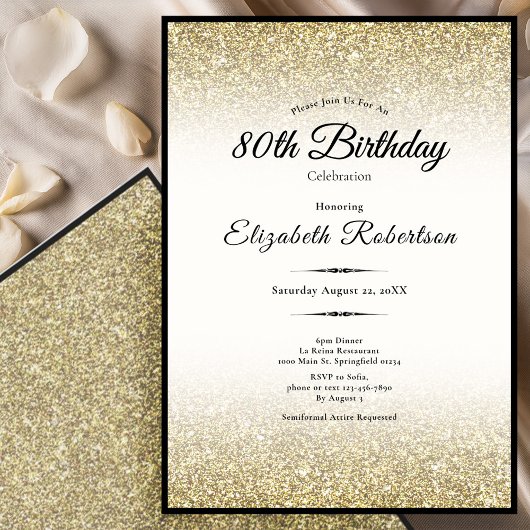 Elegant Black and Gold Glitter 80th Birthday Kaart