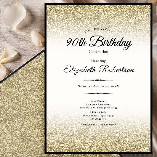 Elegant Black and Gold Glitter 90th Birthday  Kaart