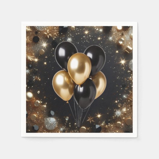 Elegant Black and Gold Glitter Balloon Birthday Servet (Voorkant)