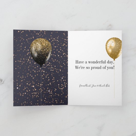 Elegant Black and Gold Glitter Balloons Birthday Kaart (Binnen)