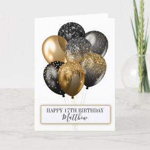 Elegant Black and Gold Glitter Balloons Birthday Kaart