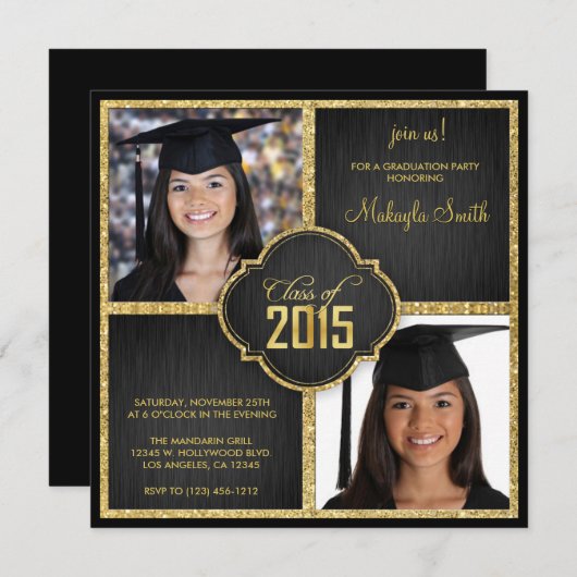 Elegant Black and Gold Glitter Class of 2015 Kaart (Voorkant / Achterkant)