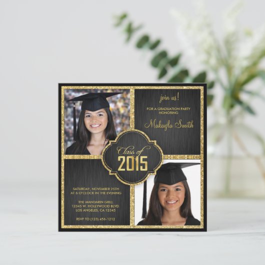 Elegant Black and Gold Glitter Class of 2015 Kaart (Staand voorkant)