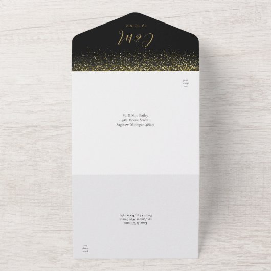 Elegant Black and Gold Glitter Script Weduwen All In One Uitnodiging (Buitenkant)
