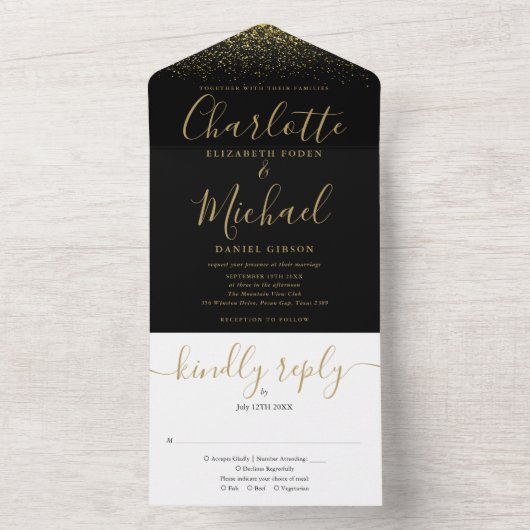 Elegant Black and Gold Glitter Script Weduwen All In One Uitnodiging (Binnen)