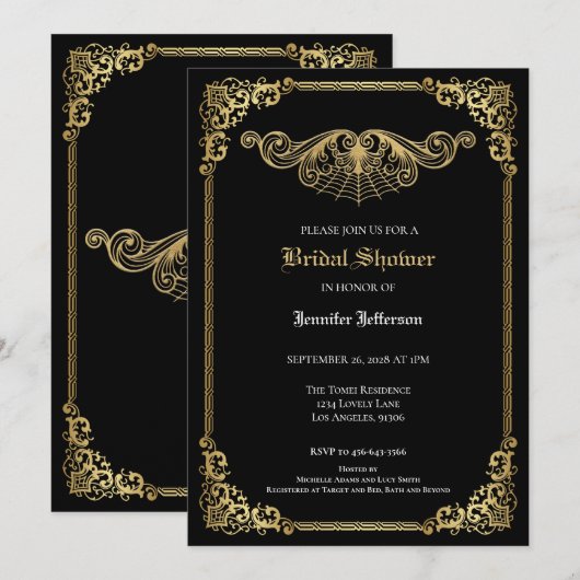 Elegant black and gold Gothic Bridal Shower Aankondiging (Voorkant / Achterkant)
