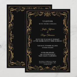 Elegant black and gold Gothic wedding Invitation Kaart
