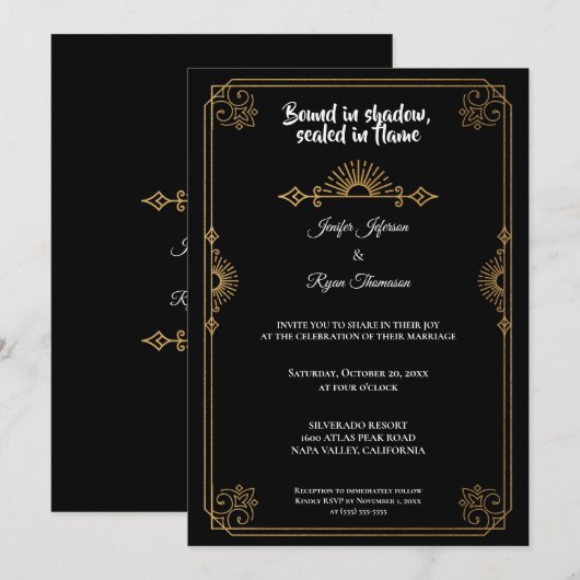 Elegant black and gold Gothic wedding Invitation Kaart (Voorkant / Achterkant)