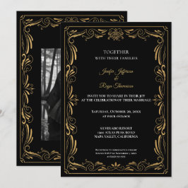 Elegant black and gold Gothic wedding Invitation Kaart