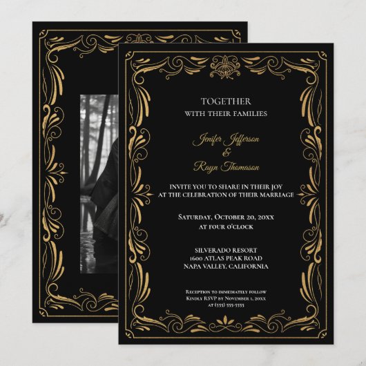 Elegant black and gold Gothic wedding Invitation Kaart (Voorkant / Achterkant)