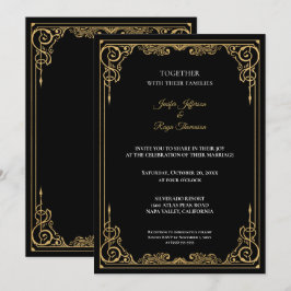Elegant black and gold Gothic wedding Invitation Kaart