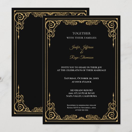 Elegant black and gold Gothic wedding Invitation Kaart (Voorkant / Achterkant)