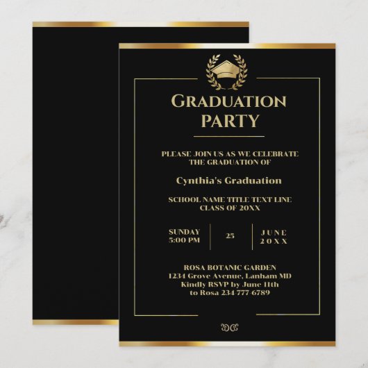 Elegant Black and Gold Graduparty Kaart (Voorkant / Achterkant)