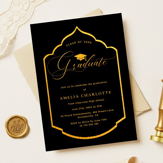 Elegant Black and Gold Graduparty Kaart