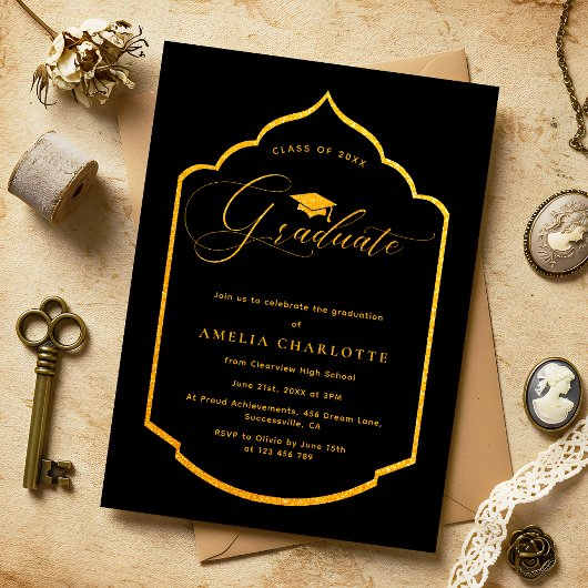 Elegant Black and Gold Graduparty Kaart