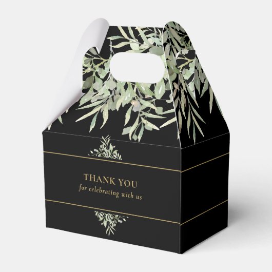 Elegant Black and Gold Greenery Weddenschap Hartel Bedankdoosjes (Achterkant)