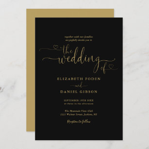 Elegant Black and Gold Hearts Calligraphy Wedding Kaart