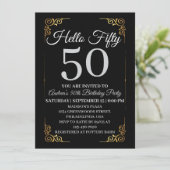 Elegant Black and Gold Hello 50th For Women Kaart (Staand voorkant)