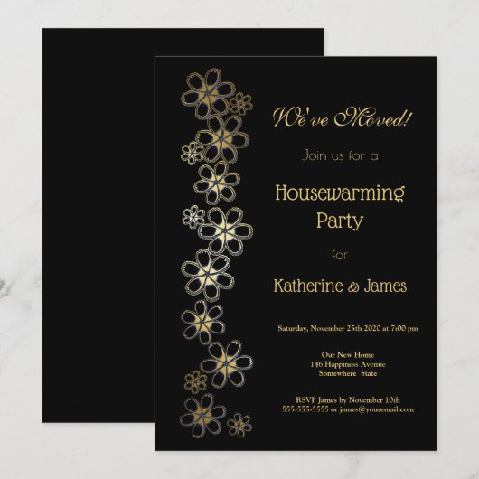 Elegant Black and Gold Housewarming Party Kaart (Voorkant / Achterkant)