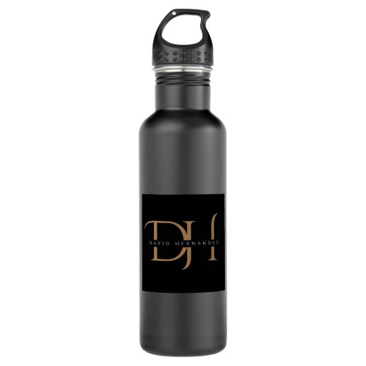 Elegant Black and Gold Initialen Monogram Modern Waterfles (Voorkant)
