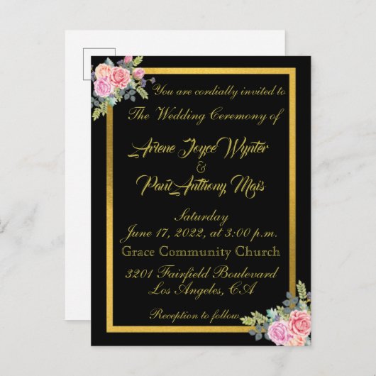 Elegant Black and Gold Invitation Uitnodiging Briefkaart (Voorkant / Achterkant)