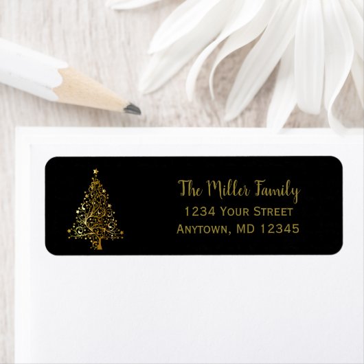 Elegant Black and Gold kerstboom Adres Labels (Insitu)