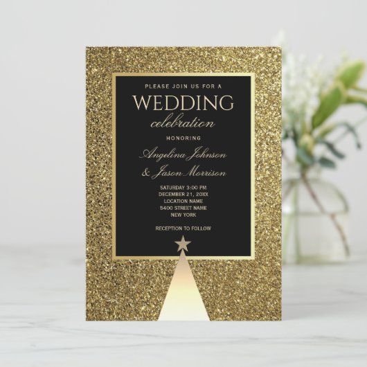 Elegant Black and Gold kerstbruiloft Kaart (Staand voorkant)
