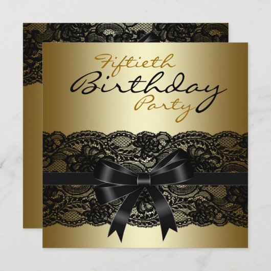 Elegant Black and Gold Lace Birthday Party Kaart (Voorkant / Achterkant)