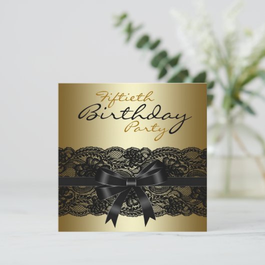 Elegant Black and Gold Lace Birthday Party Kaart (Staand voorkant)