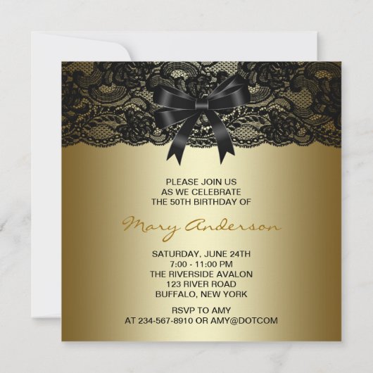 Elegant Black and Gold Lace Birthday Party Kaart (Achterkant)