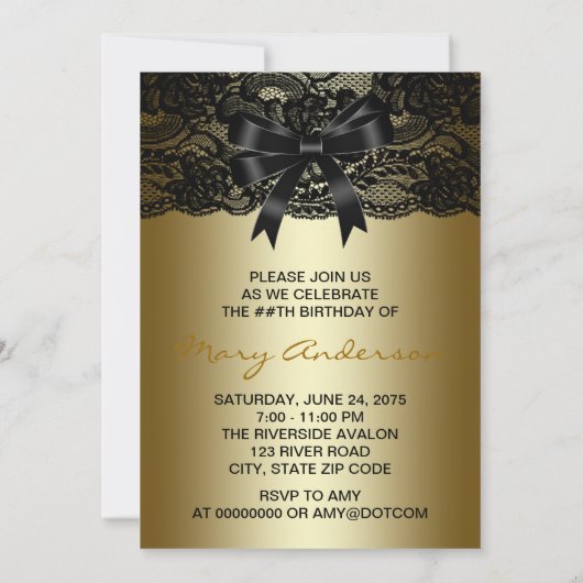 Elegant Black and Gold Lace Birthday Party Kaart (Achterkant)