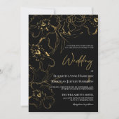 Elegant Black and Gold Line Art Floral Wedding Kaart (Voorkant)