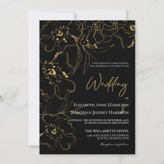 Elegant Black and Gold Line Art Floral Wedding Kaart (Voorkant)