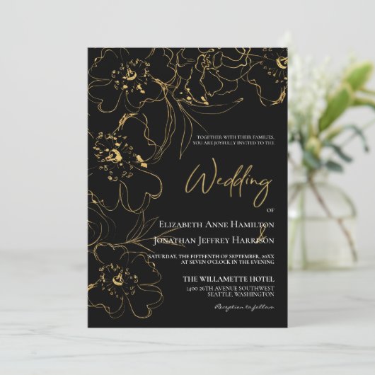 Elegant Black and Gold Line Art Floral Wedding Kaart (Staand voorkant)