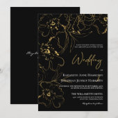 Elegant Black and Gold Line Art Floral Wedding Kaart (Voorkant / Achterkant)