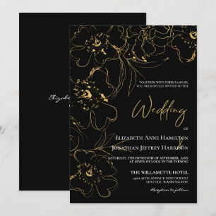Elegant Black and Gold Line Art Floral Wedding Kaart