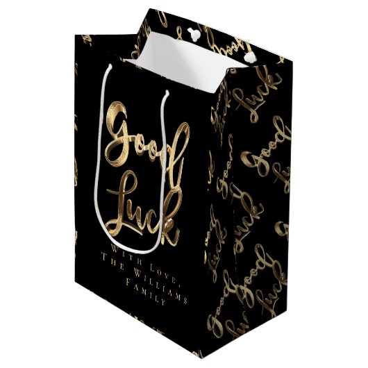 Elegant Black and Gold look Script Good Luck Medium Cadeauzakje (Voorkant Gekanteld)