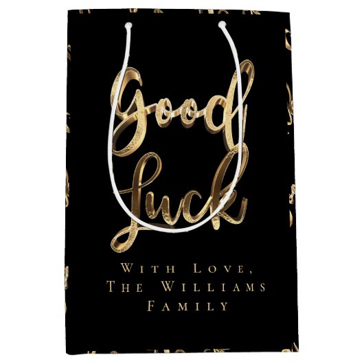 Elegant Black and Gold look Script Good Luck Medium Cadeauzakje (Voorkant)