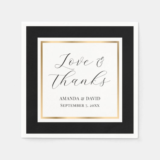 Elegant Black and Gold Love and Bedankt Wedding Servet (Voorkant)