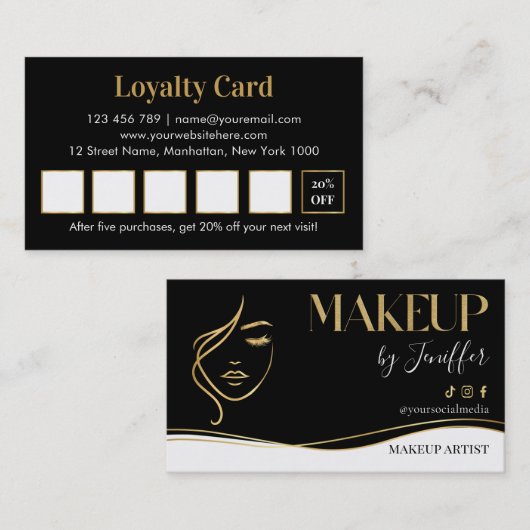 Elegant black and gold makeup artist Loyalty Card (Voorkant / Achterkant)